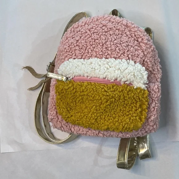 Fuzzy Pink Mini Small Backpack Purse Handbag with Gold Straps - Picture 11 of 11